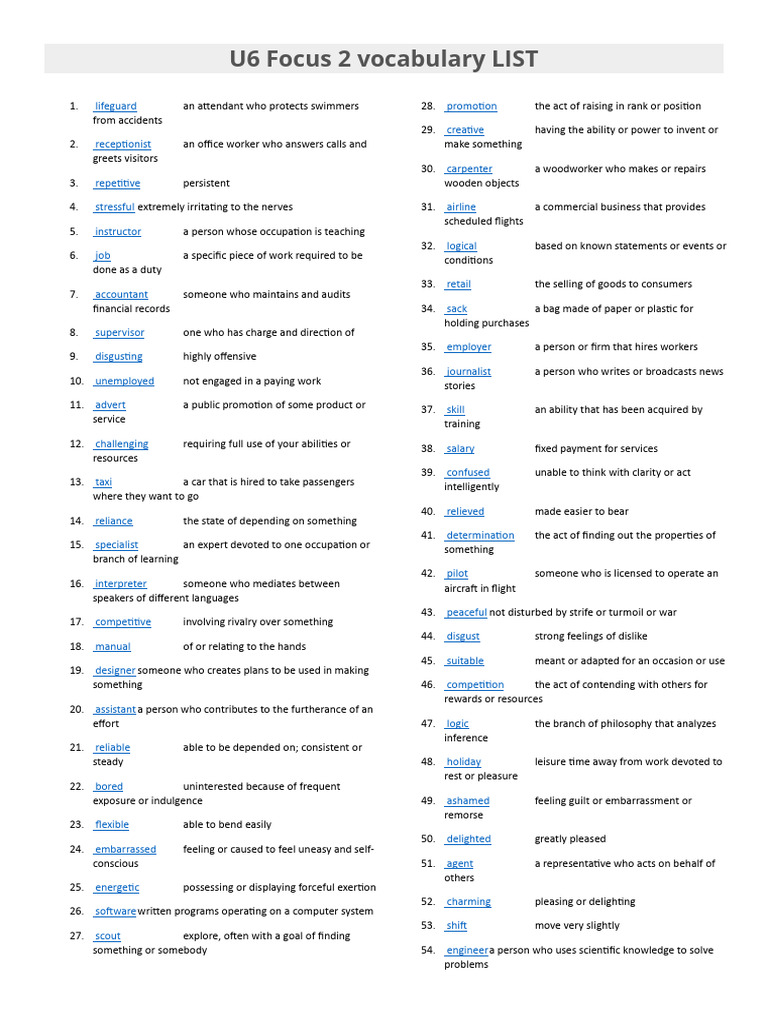 U6 Focus 2 Vocabulary List | PDF | Psychological Concepts