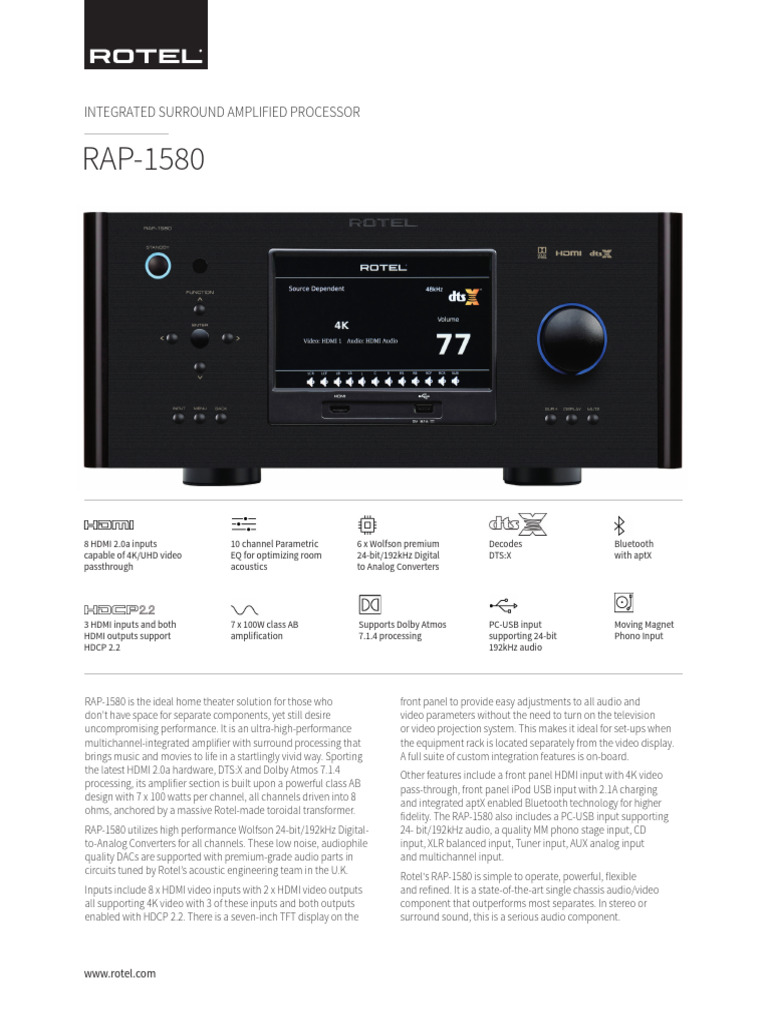 Ficha Tecnica Rotel Rap-1580 Mkii | PDF | Hdmi | Amplifier