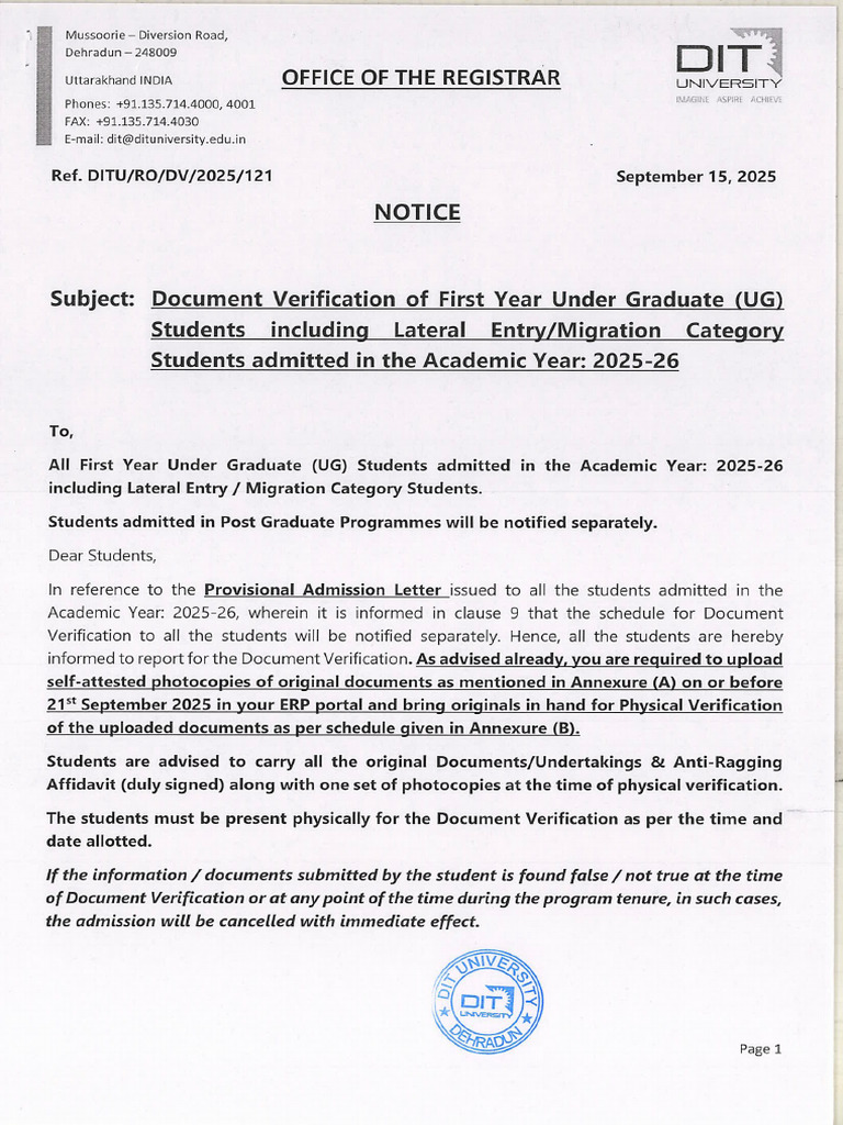 Document Verification Notice for UG Students | PDF | Computing