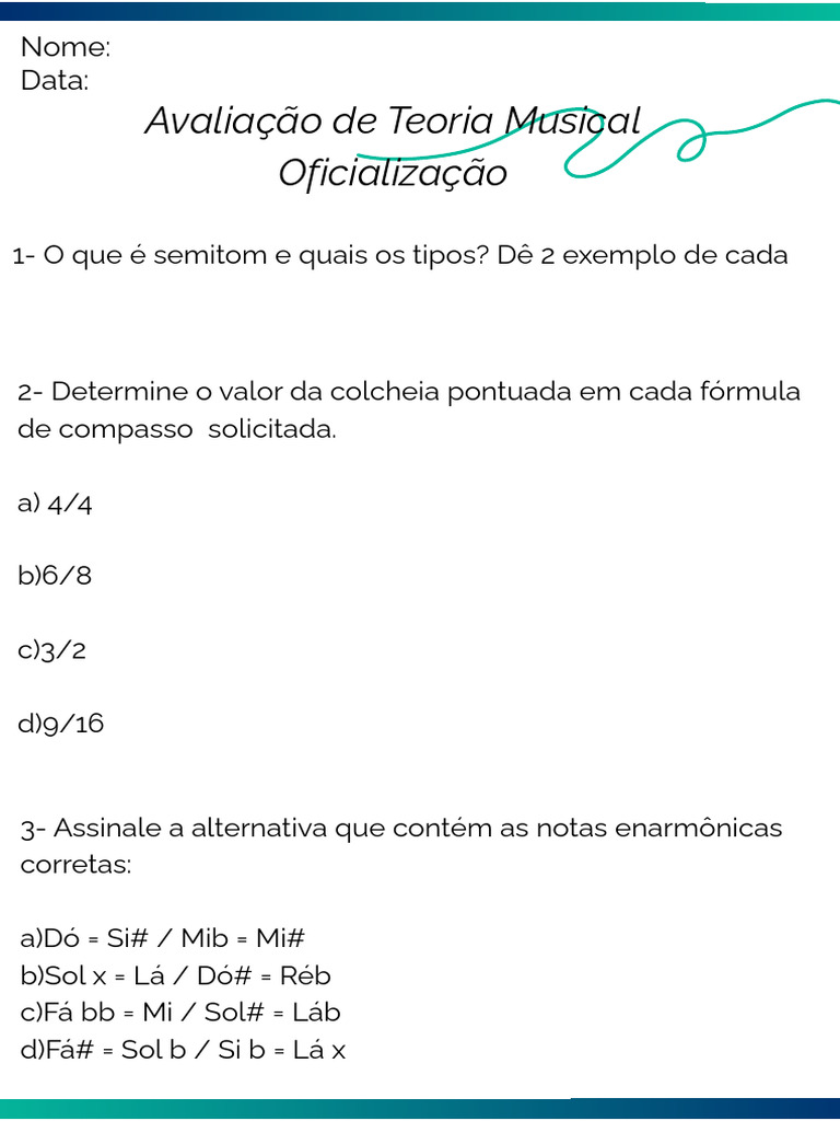 Avaliação de Teoria Musical e Notação | PDF | Notação | Notação musical