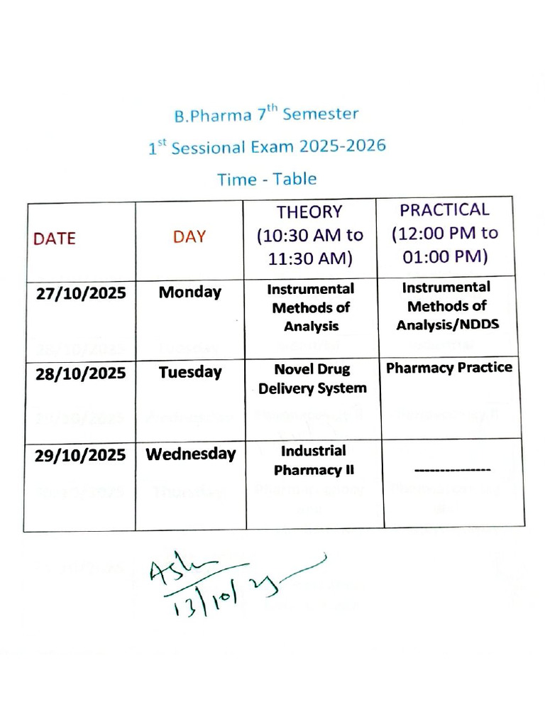 1st Sessional Exam (Date Sheet) | PDF