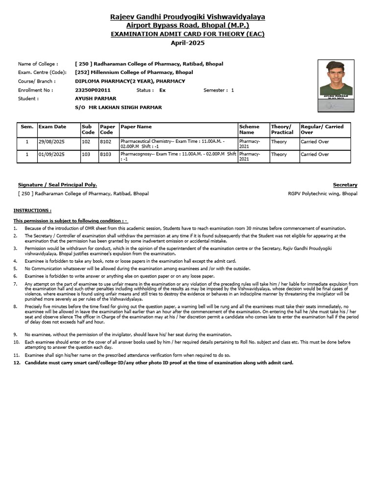 RPT AdmitCard Student | PDF