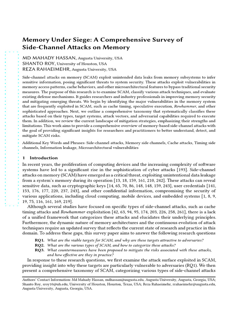 Memory Under Siege: A Comprehensive Survey of Side-Channel Attacks On ...