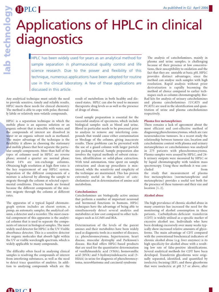 HPLC Applications in Clinical Diagnostics | PDF | High Performance ...