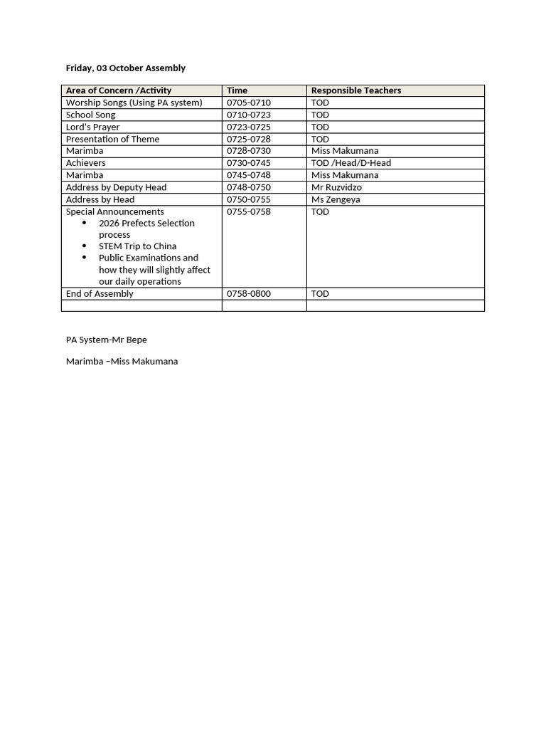 Plan For Friday Assembly-03 October | PDF