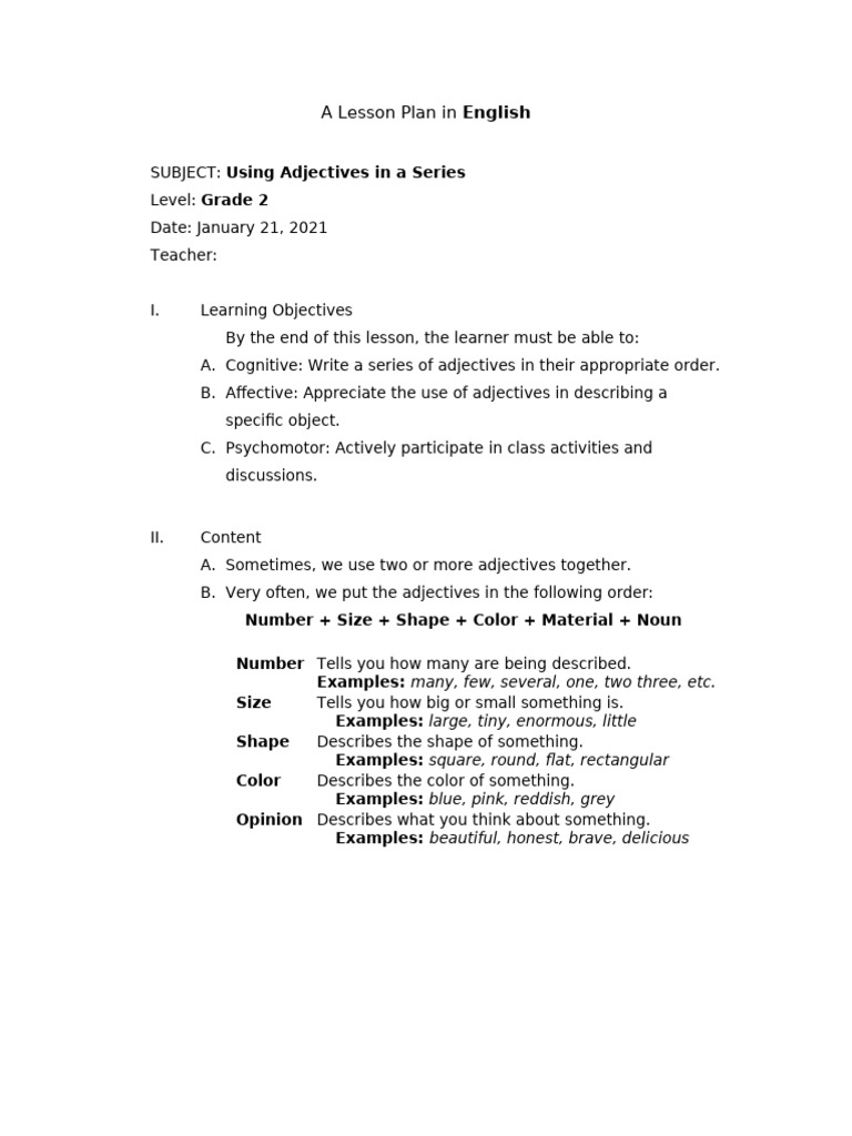 Grade 2 Adjective Lesson Plan | PDF | Adjective | Learning