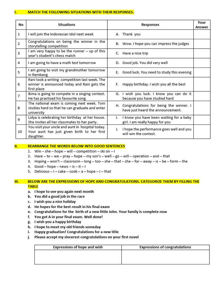 Match Situations with Responses Exercise | PDF