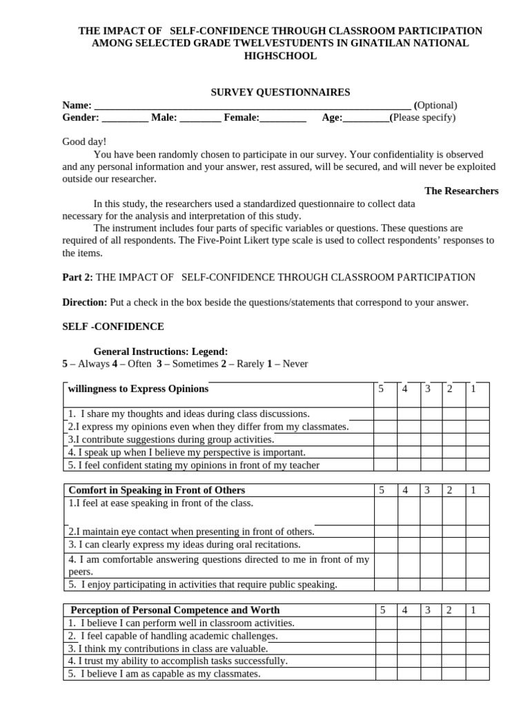 Classroom Participation Impact Survey | PDF | Classroom | Questionnaire