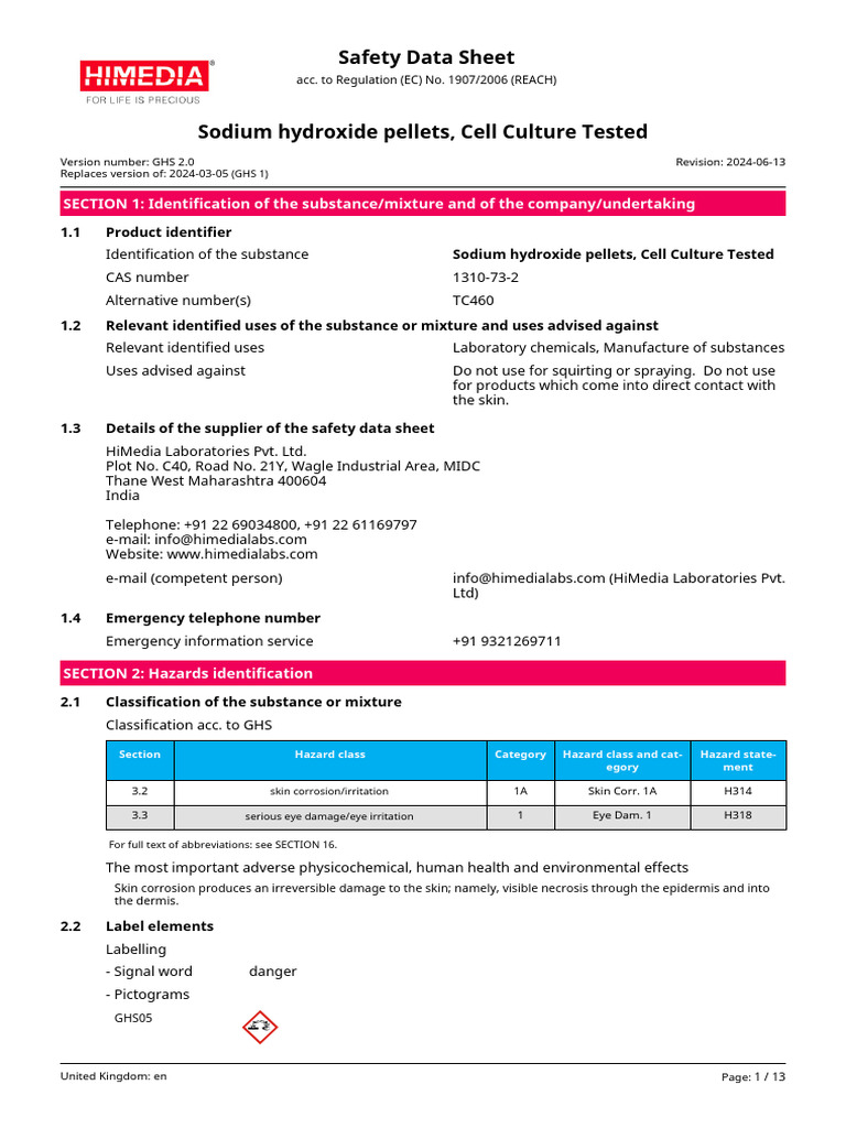 Sodium Hydroxide Pellets Safety Data Sheet | PDF | Occupational Safety ...