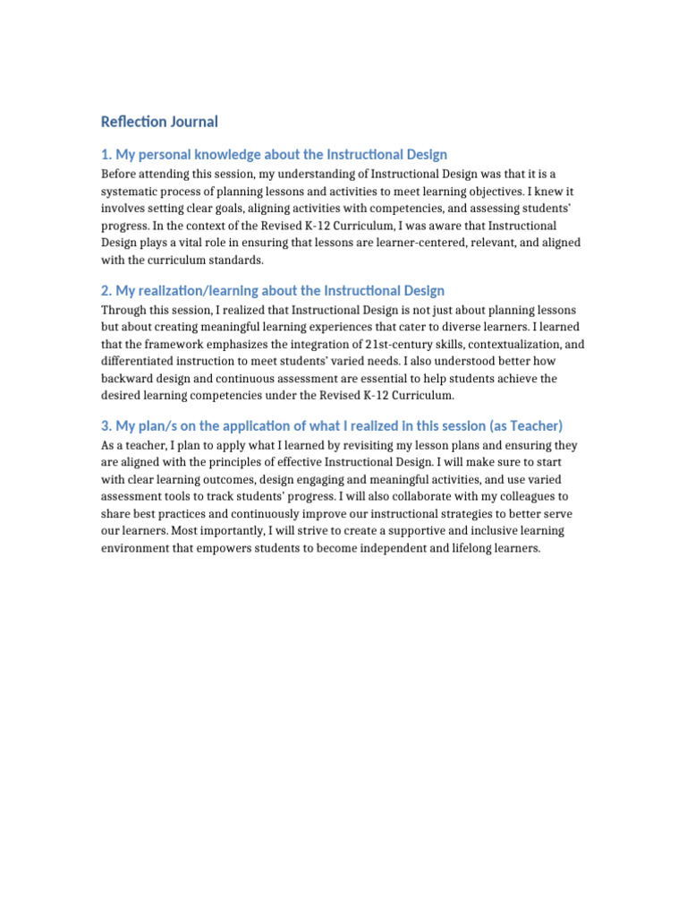 Reflection Journal Instructional Design | PDF