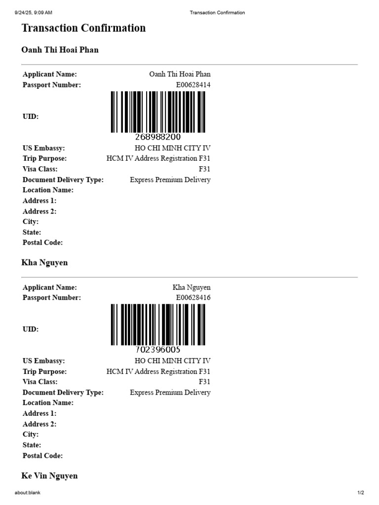 US Visa F31 Transaction Confirmations | PDF