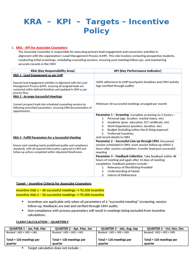 KRA Targets for Associate Counselors | PDF | Performance Indicator
