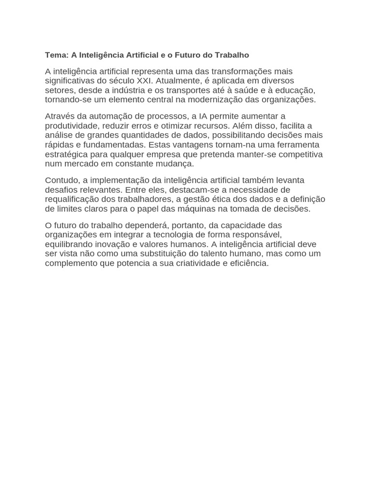 Inteligência Artificial e Trabalho Futuro | PDF