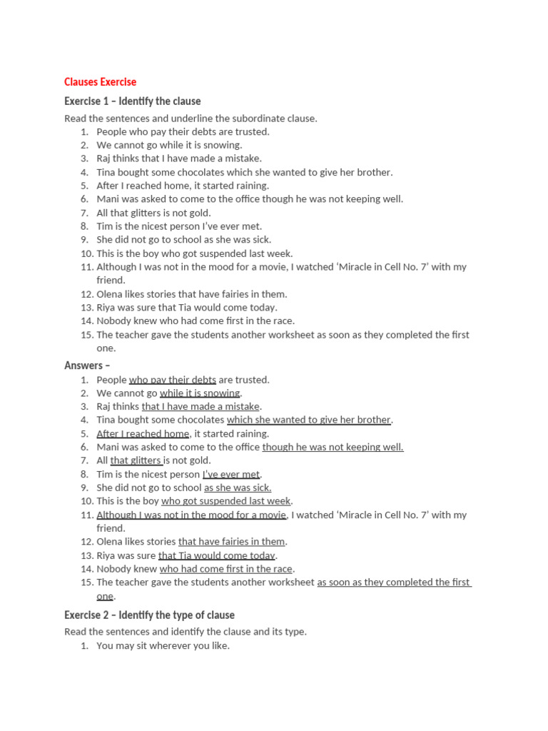 Clause and Sentence Structure Exercises | PDF | Phrase | Linguistics