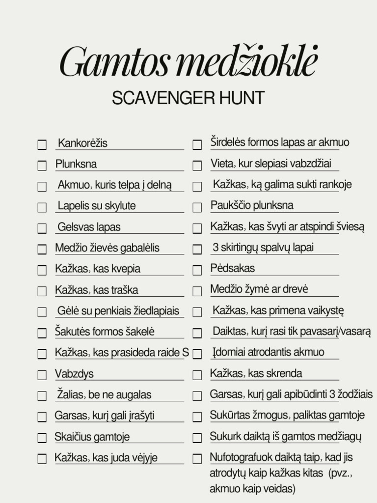 Scavenger Hunt Checklist Printable Document | PDF