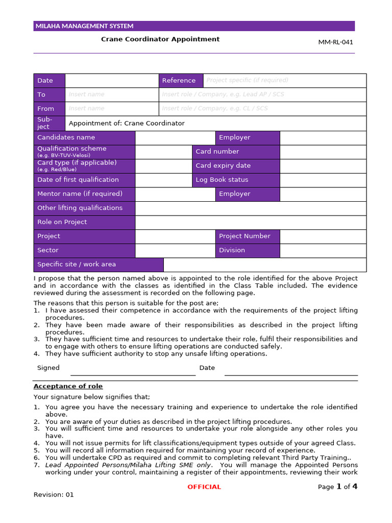 MM-RL-041 Crane Coordinator Letter of Appointment | PDF | Crane ...