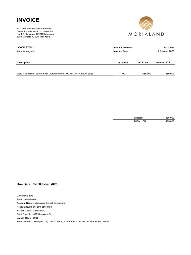 20251013-MVM Invoice-Artur Late Check Out Fee Until 3 PM on 14 Oct 25 | PDF