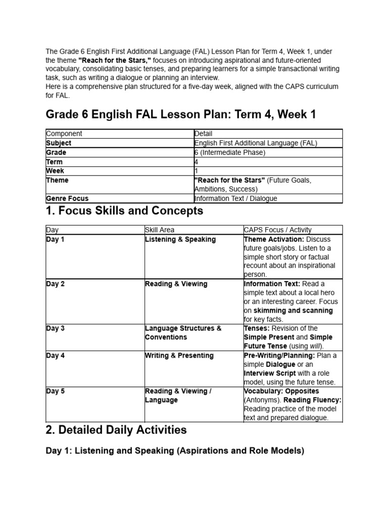 Grade 6 English FAL Lesson Plan: Term 4 | PDF | Reading Comprehension ...