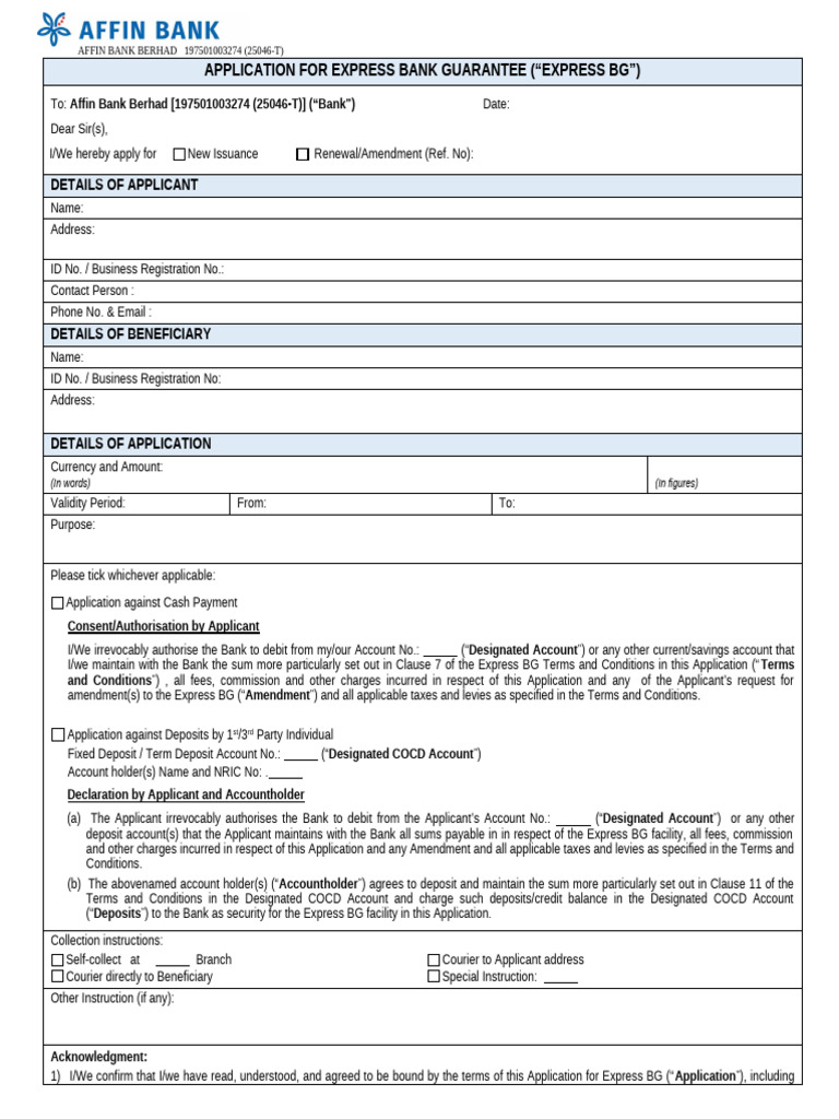 Affin Bank Express Bank Guarantee Application | PDF | Banks | Bankruptcy