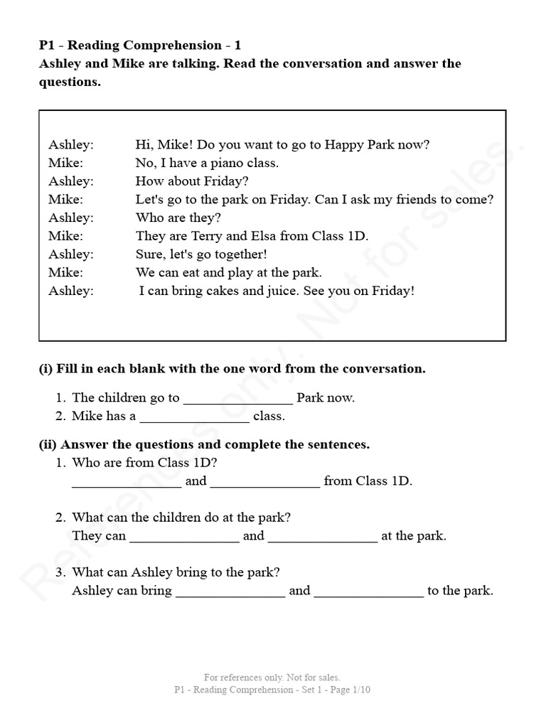 P1 Reading Comprehension Exercises | PDF