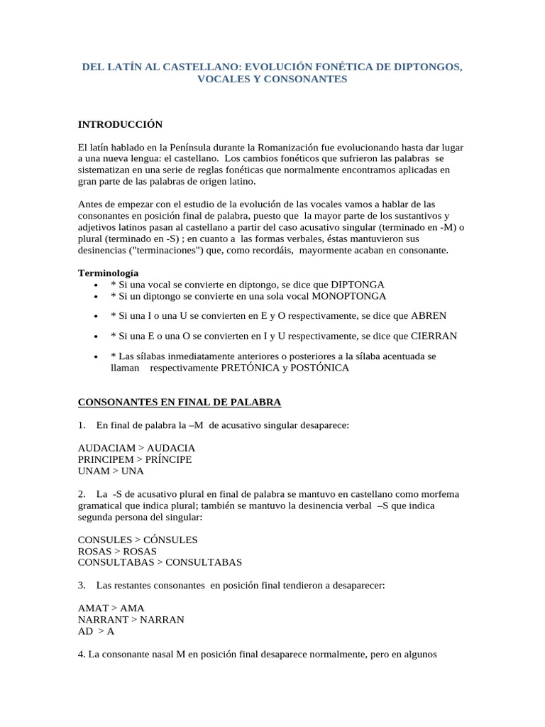 Evolución Fonética del Latín al Castellano | PDF | latín | Palabra