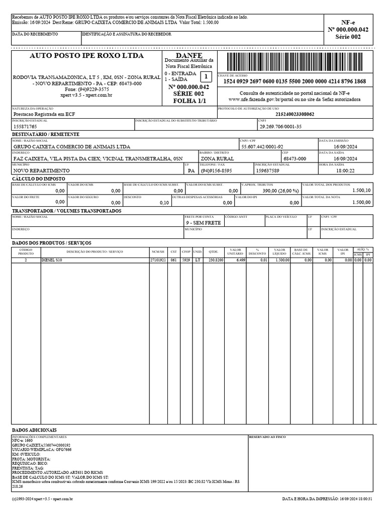 Nota Fiscal Eletrônica - Auto Posto IPE | PDF | Recibo | Documentos ...