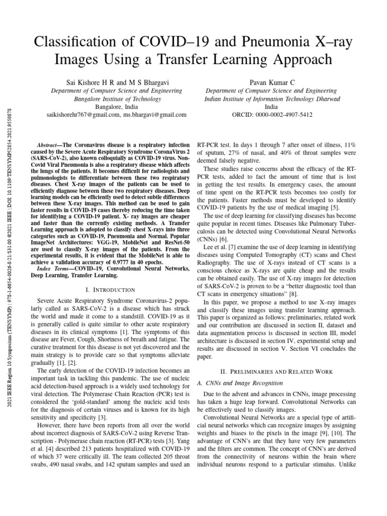Classification of COVID19 and Pneumonia Xray Images Using A Transfer ...