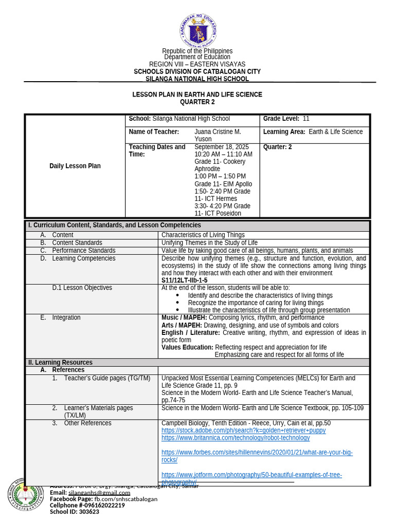 Grade 11 Earth and Life Science Lesson Plan | PDF | Evolution | Organisms