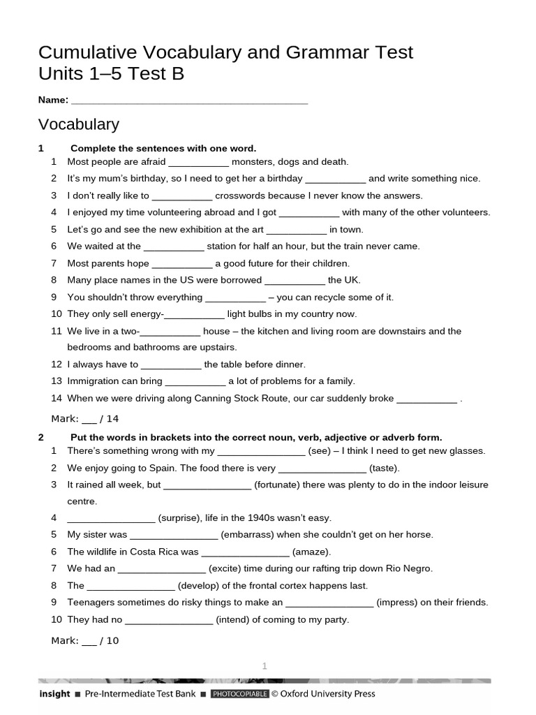 Cumulative Vocabulary + Grammar Test Units 1-5 B | PDF | Linguistics ...