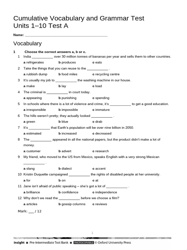 Vocabulary and Grammar Test Units 1-10 | PDF | Linguistic Morphology ...
