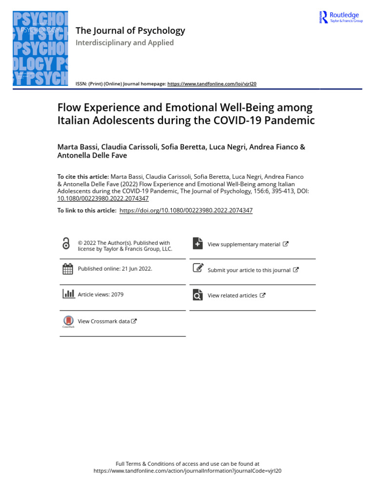 Flow Experience and Emotional Well Being Among Italian Adolescents ...