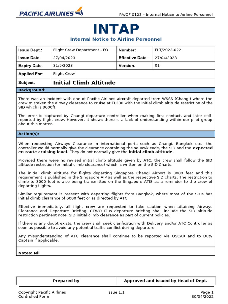 INTAP FLT.2023-022 - Initial Climb Altitude | PDF | Air Traffic Control ...