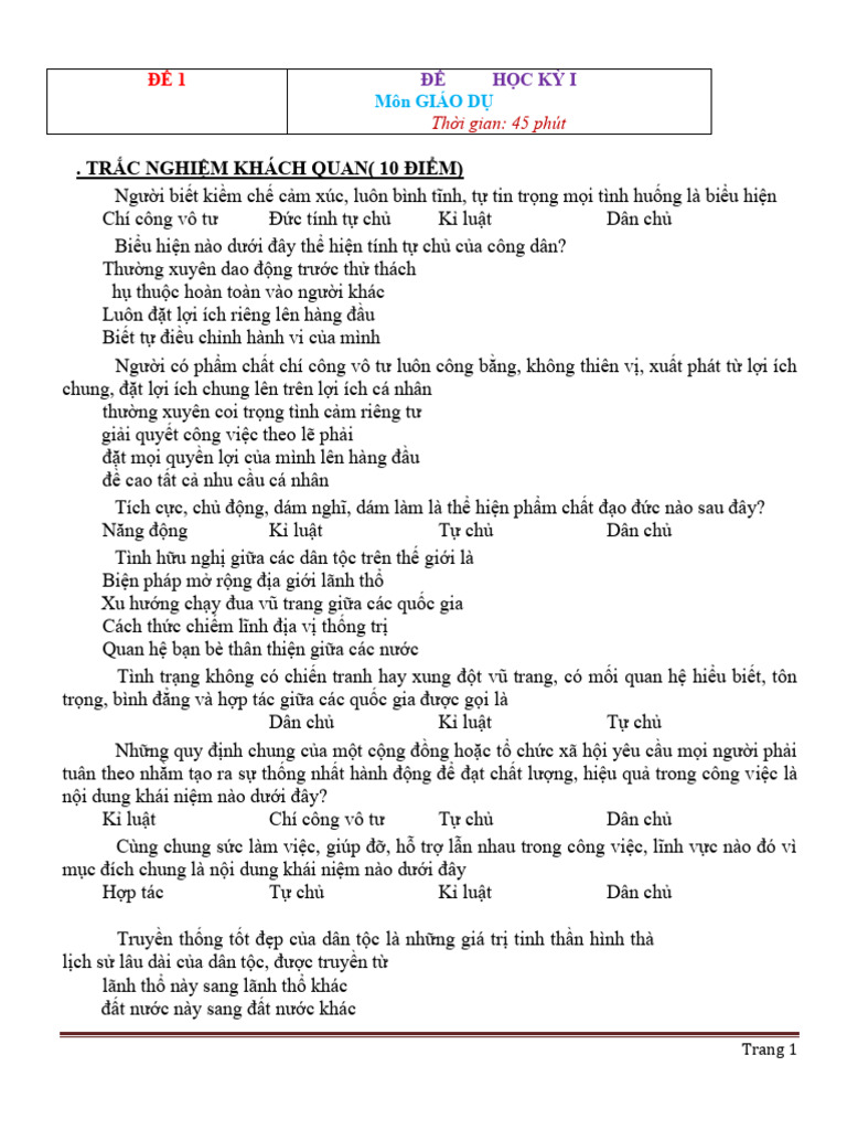 15 de Thi GDCD 9 HK1 CO DAP An | PDF