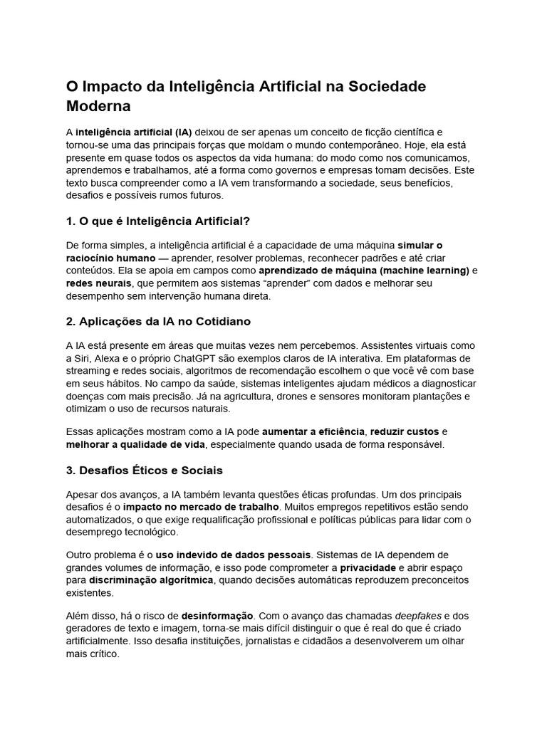 O Impacto Da Inteligência Artificial Na Sociedade Moderna | PDF ...