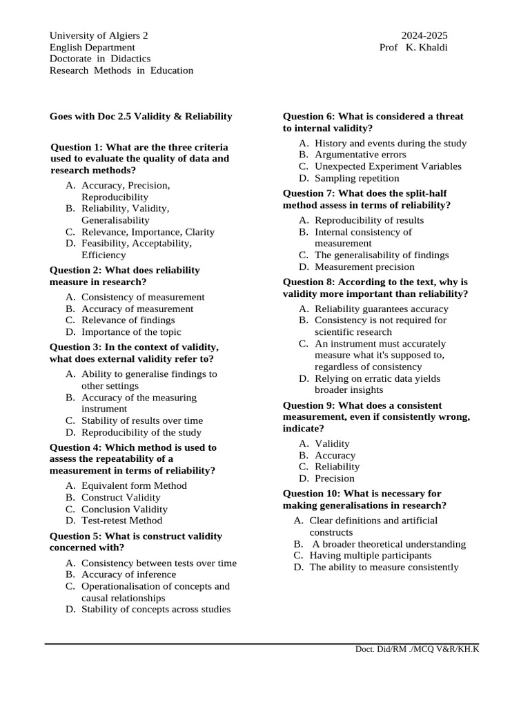 Research Methods in Education: Validity & Reliability | PDF | Validity ...