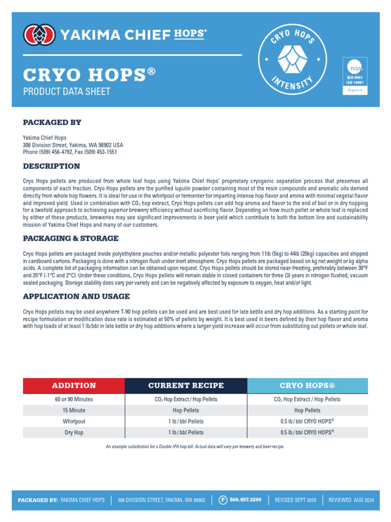 Cryo Hops® Product Data Sheet | PDF | Hops | Chemical Substances
