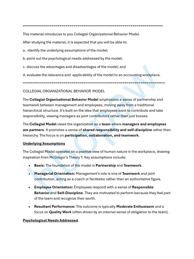 Collegial Organizational Behavior Model | PDF | Organizational Behavior ...