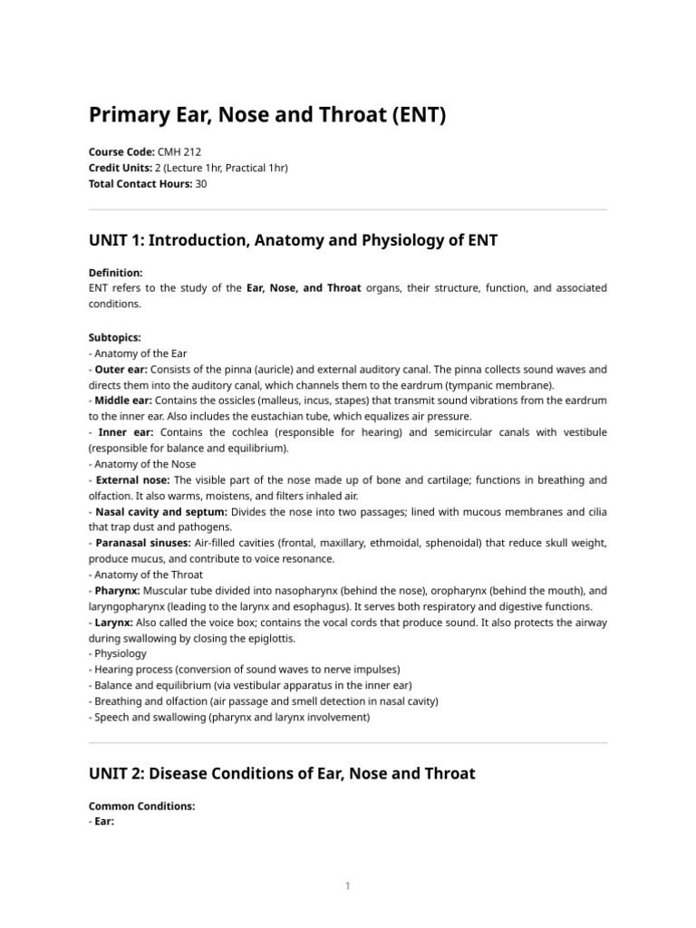 Primary Ent Summary For Community Health ND2 Students | PDF | Ear ...