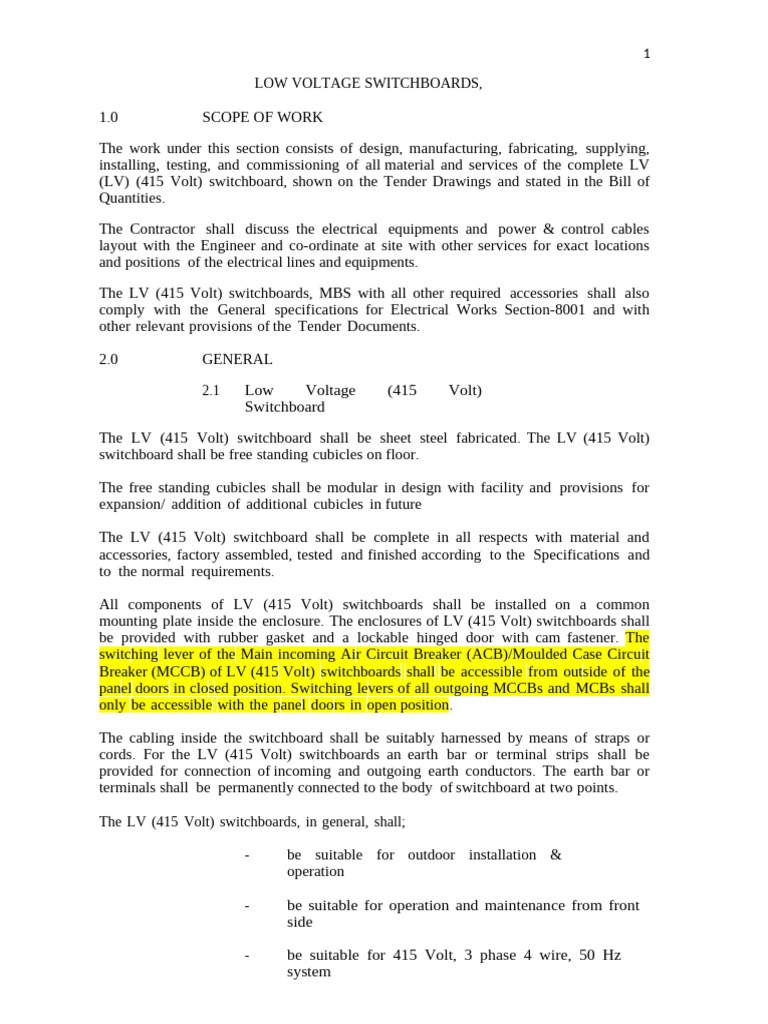 Low Voltage (415V) Switchboard Specifications | PDF | Electrical Wiring ...