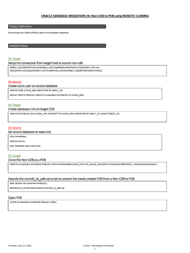 MIGRATION of 19c Non-CDB To PDB Using REMOTE CLONING | PDF | Databases ...