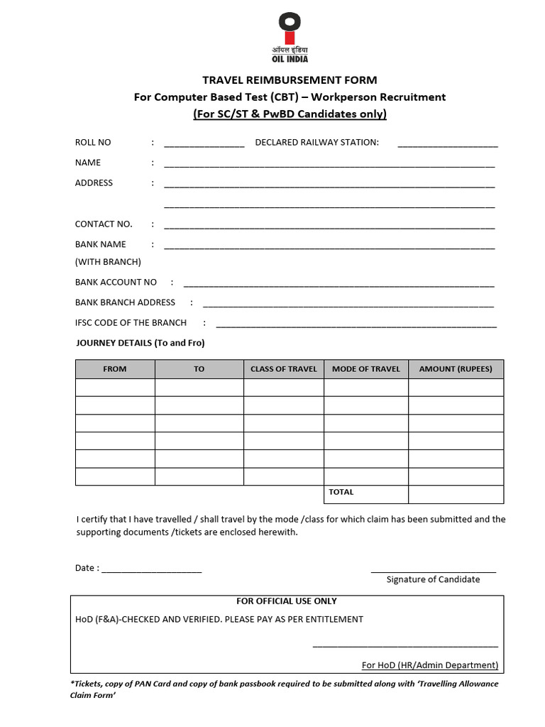 Travel Reimbursement Form for CBT Candidates | PDF