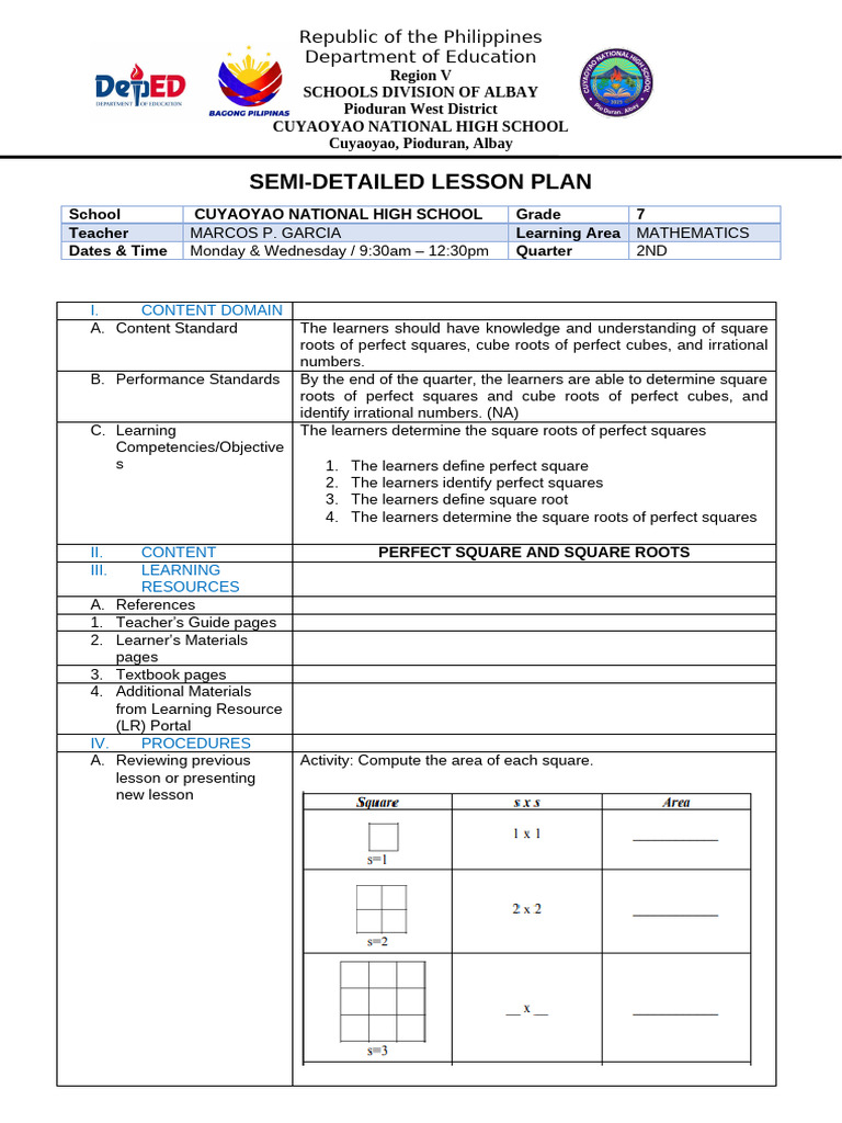 Grade 7 Math Lesson Plan: Square Roots | PDF | Behavior Modification ...