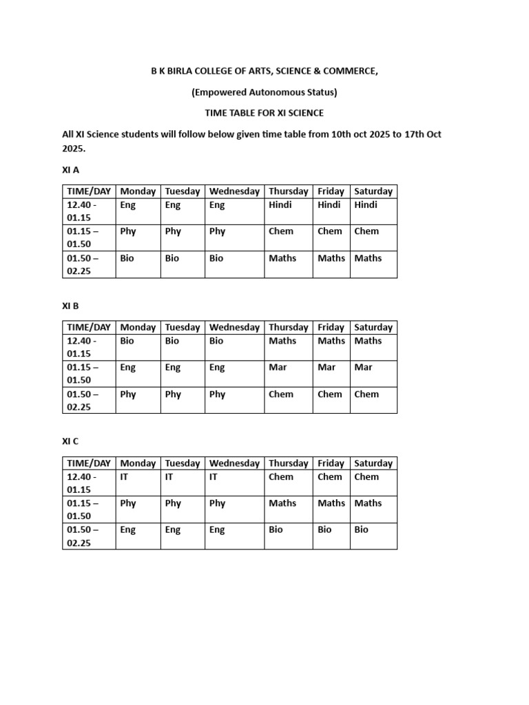 XI Science Time Table: Oct 2025 | PDF