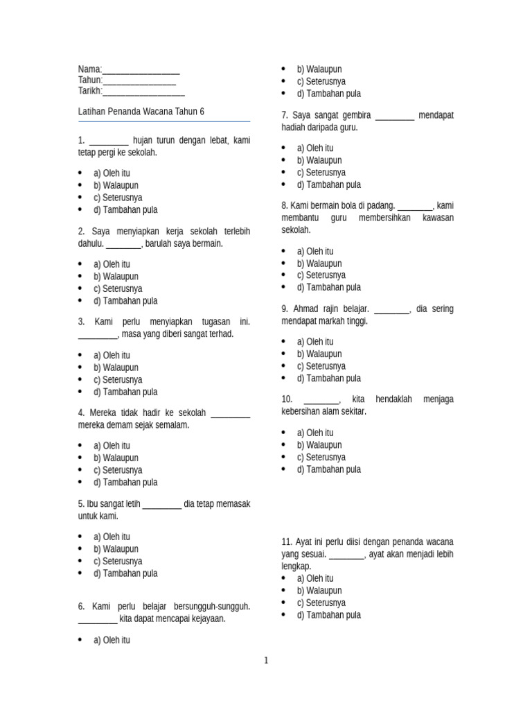 Latihan Penanda Wacana Tahun 6 | PDF