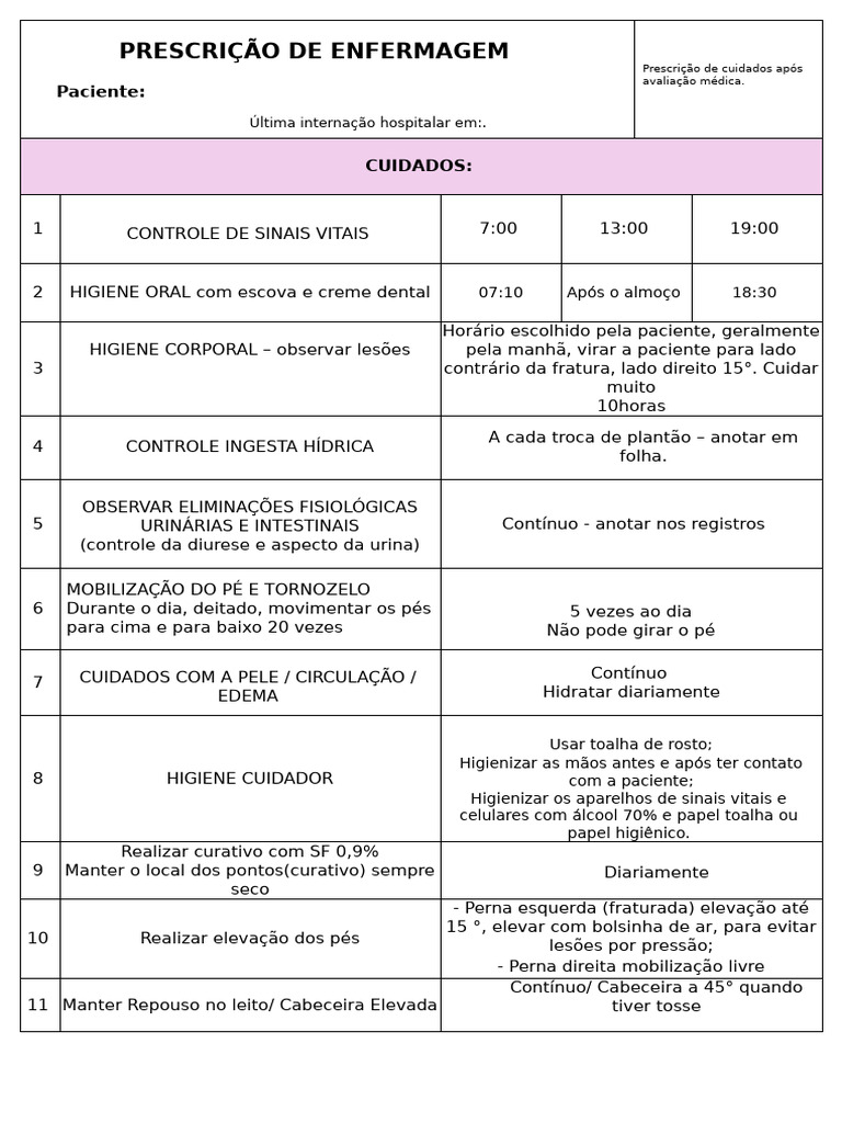 Prescrição de Enfermagem Detalhada | PDF | Especialidades médicas ...