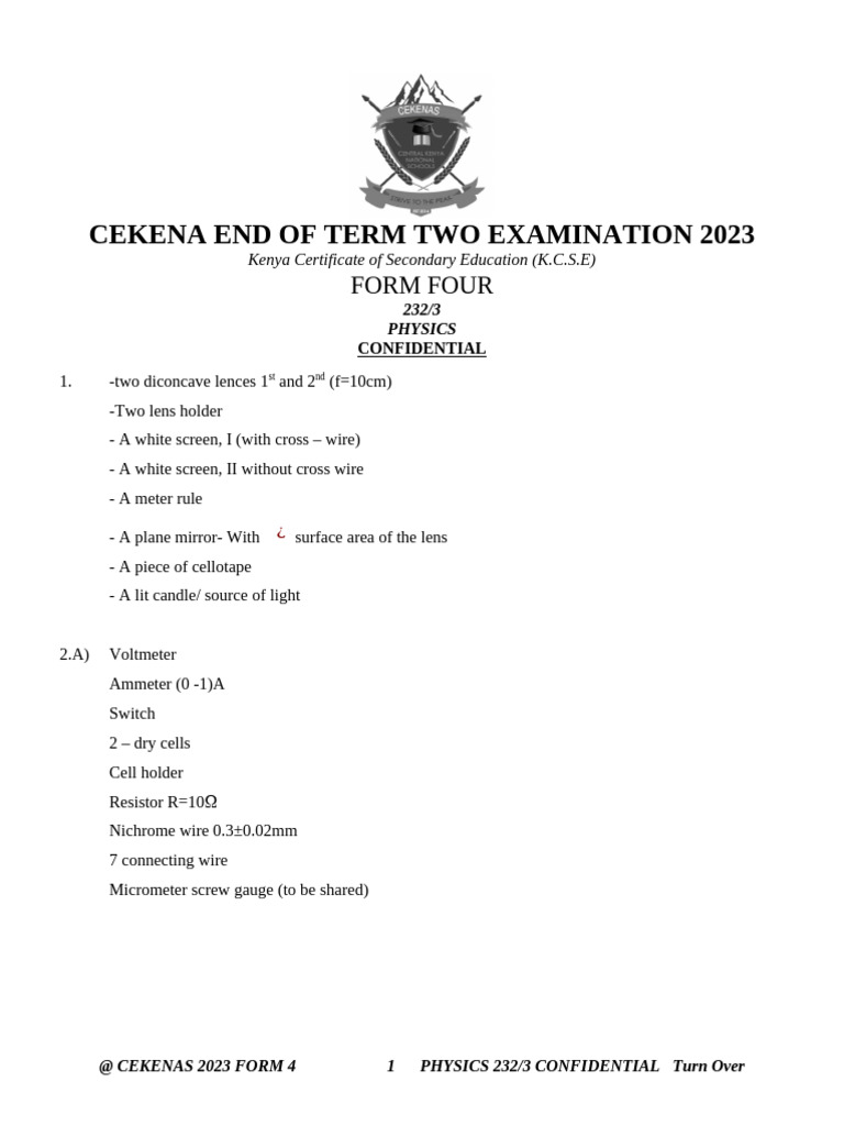 CEKENA 2023 Form 4 Physics Exam Guide | PDF