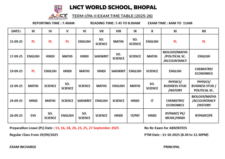 Term-1 Exam Time Table 2025-26 | PDF