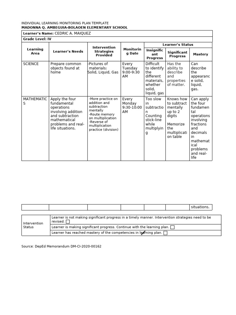 Individual Learning Monitoring Plan Grade 3 | PDF | Learning ...