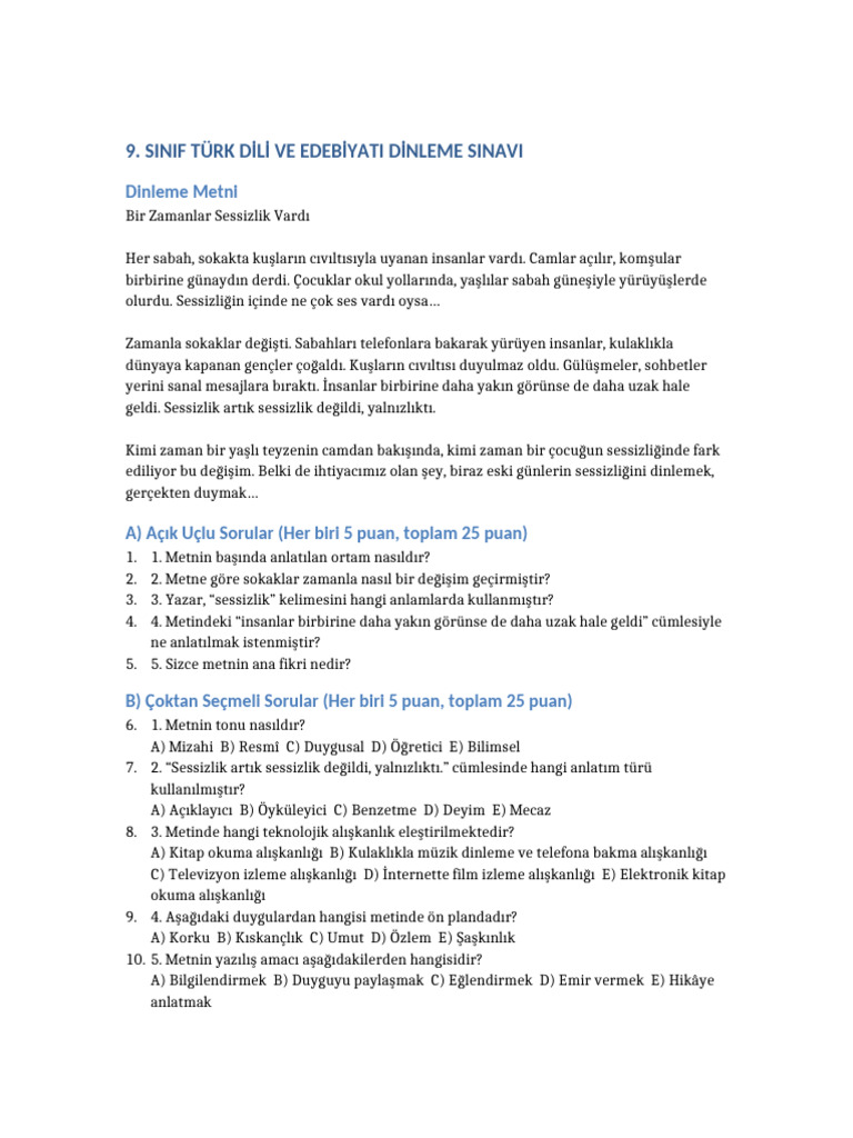 9 Sinif Edebiyat Dinleme Sinavi | PDF