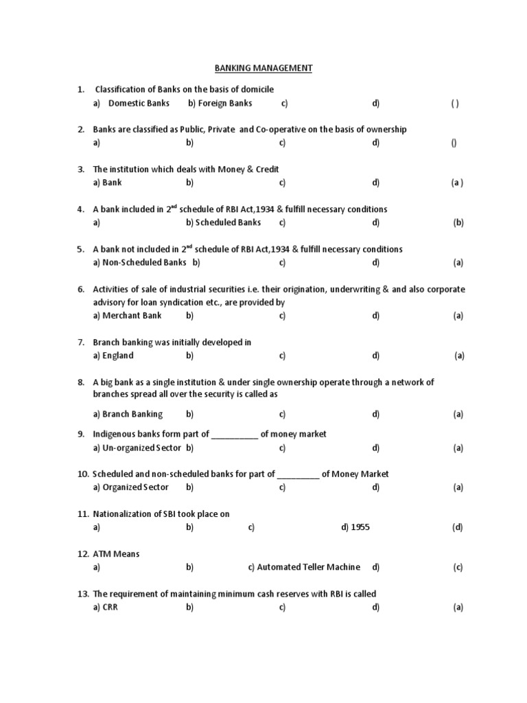 Banking Objective Type Questions Securities (Finance) Banks